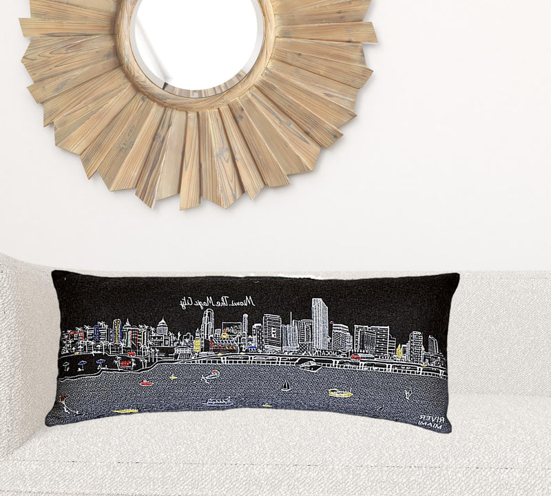 35" Black Miami Nighttime Skyline Lumbar Decorative Pillow