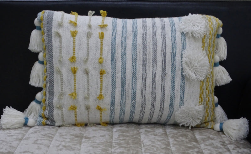 14" X 20" Blue and Yellow Striped Cotton Blend Zippered Pillow With Tassels - Home Decor