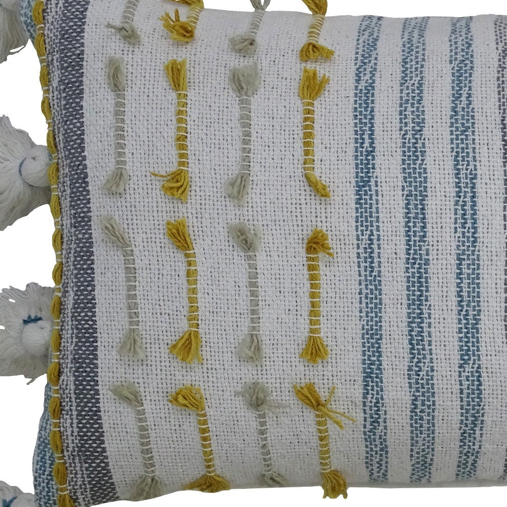 14" X 20" Blue and Yellow Striped Cotton Blend Zippered Pillow With Tassels - Home Decor