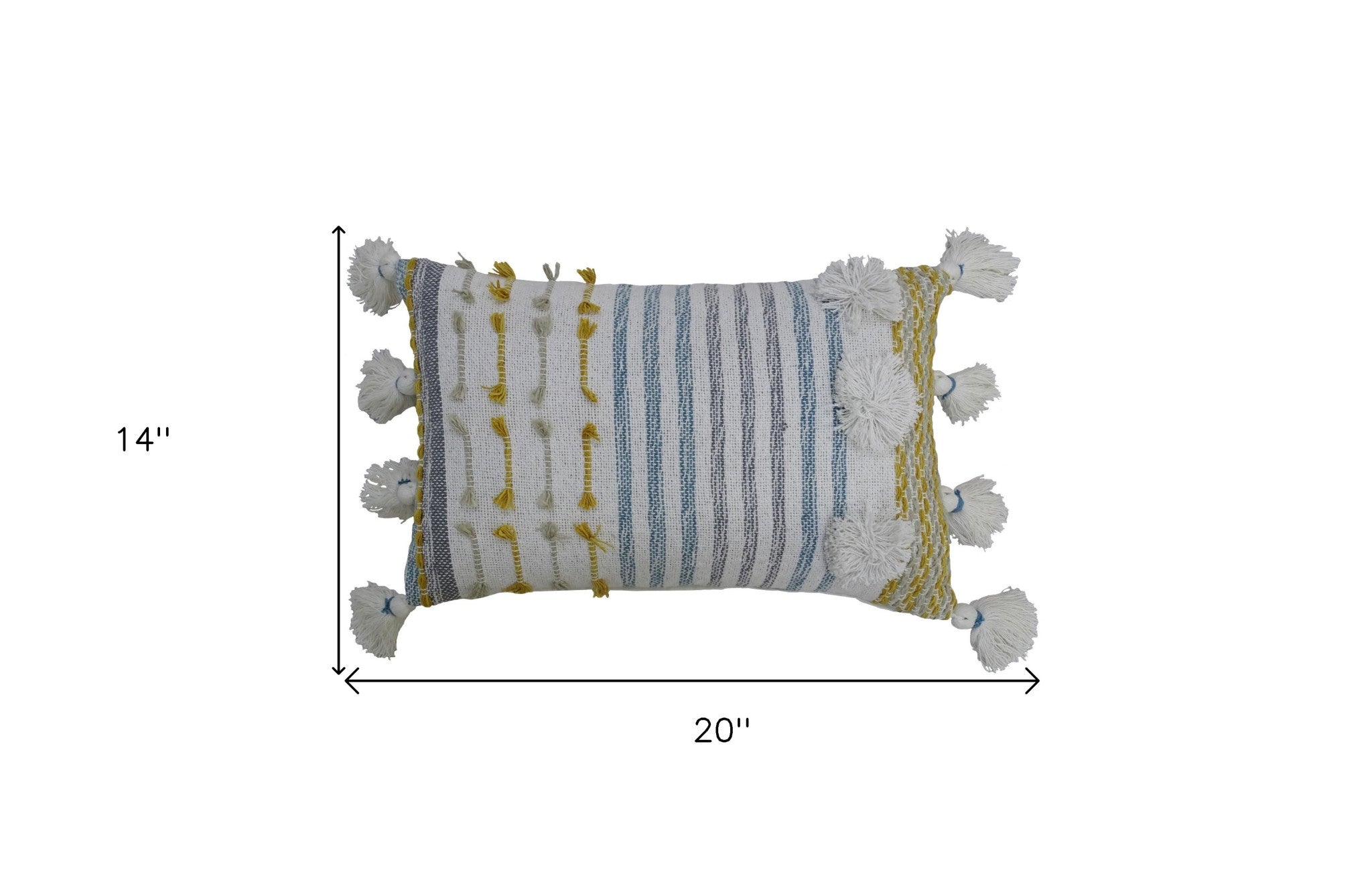 14" X 20" Blue and Yellow Striped Cotton Blend Zippered Pillow With Tassels - Home Decor