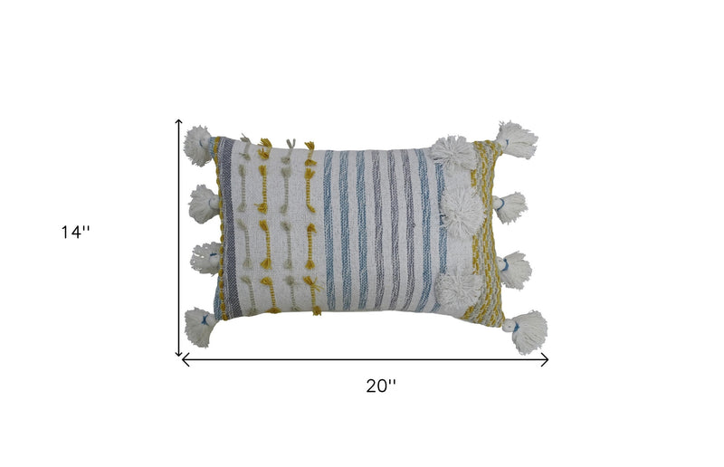 14" X 20" Blue and Yellow Striped Cotton Blend Zippered Pillow With Tassels - Home Decor