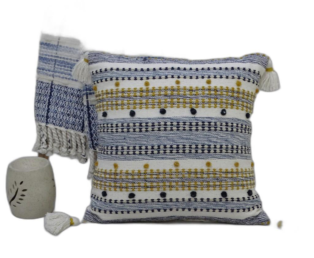 20" X 20" Blue And Gold Striped Handmade Throw Pillow With Tassels - Home Decor