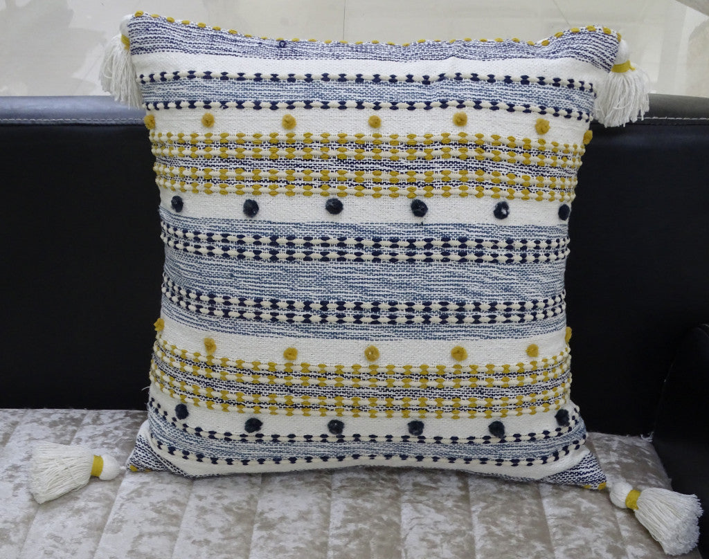 20" X 20" Blue And Gold Striped Handmade Throw Pillow With Tassels - Home Decor
