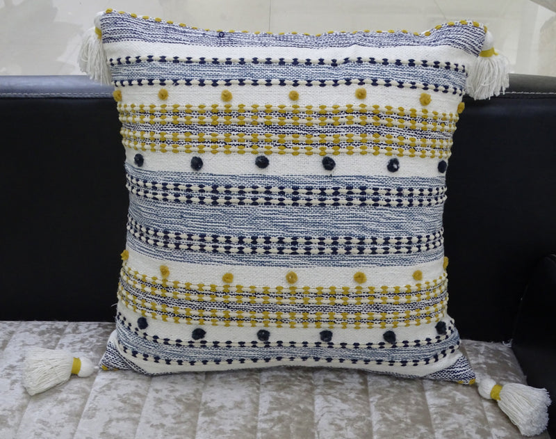 20" X 20" Blue And Gold Striped Handmade Throw Pillow With Tassels - Home Decor