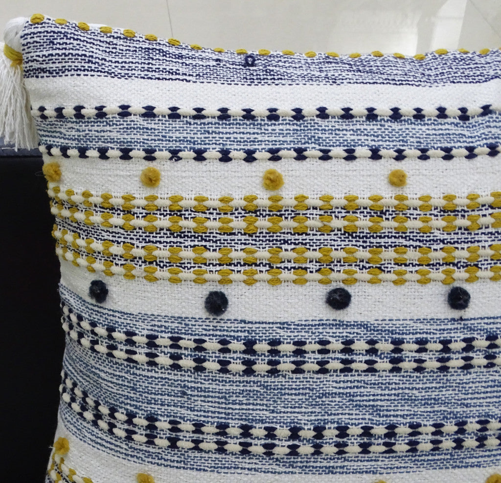 20" X 20" Blue And Gold Striped Handmade Throw Pillow With Tassels - Home Decor