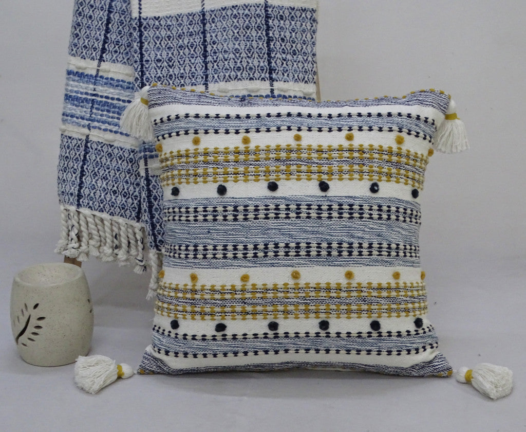 20" X 20" Blue And Gold Striped Handmade Throw Pillow With Tassels - Home Decor