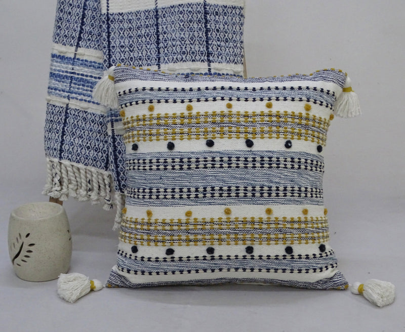 20" X 20" Blue And Gold Striped Handmade Throw Pillow With Tassels - Home Decor