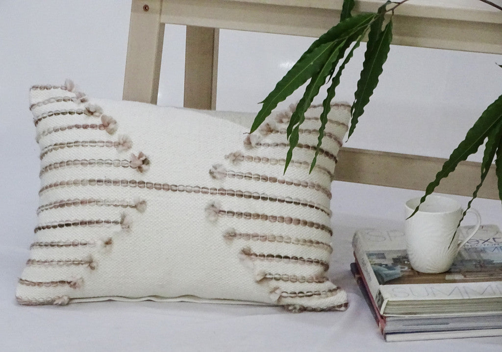 14" X 20" Tan And White Zippered Cotton Blend Geometric Throw Pillow With Pom-poms - Home Decor