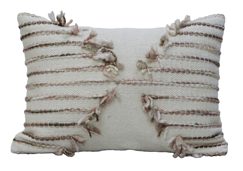 14" X 20" Tan And White Zippered Cotton Blend Geometric Throw Pillow With Pom-poms - Home Decor
