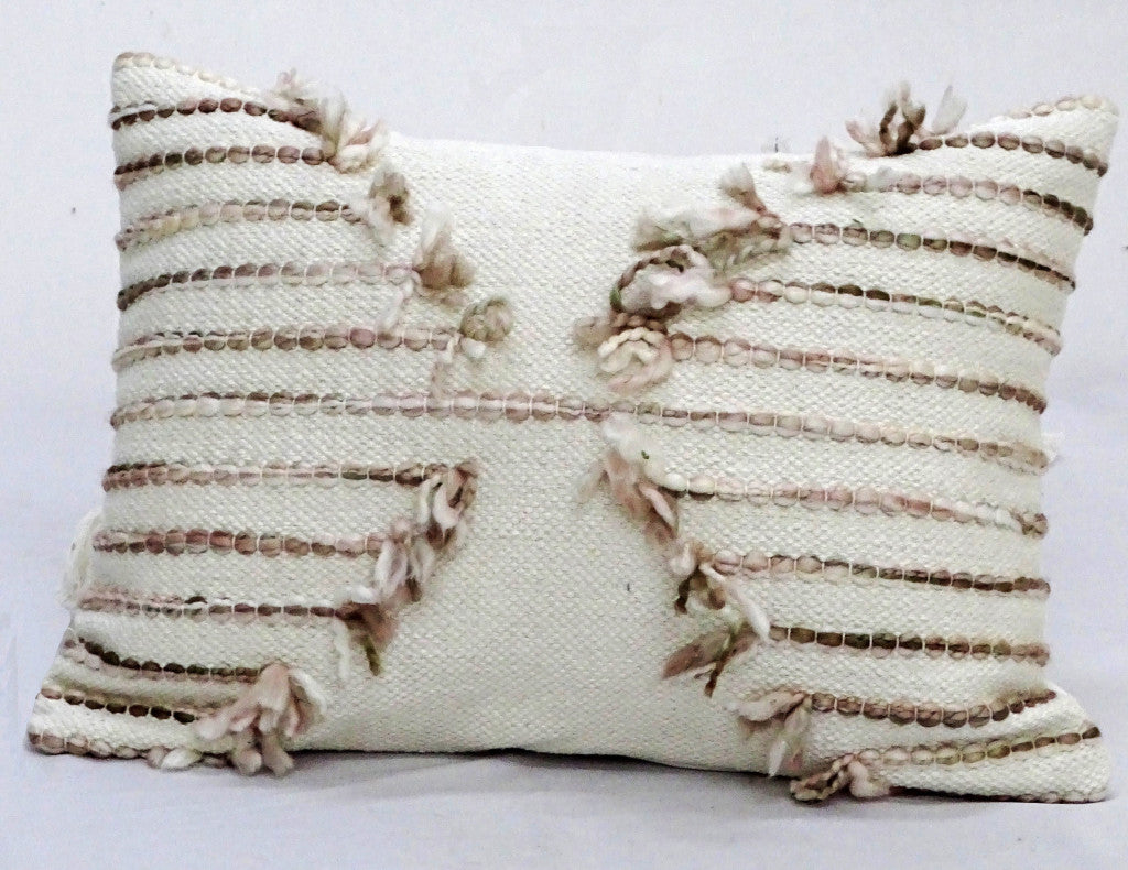 14" X 20" Tan And White Zippered Cotton Blend Geometric Throw Pillow With Pom-poms - Home Decor
