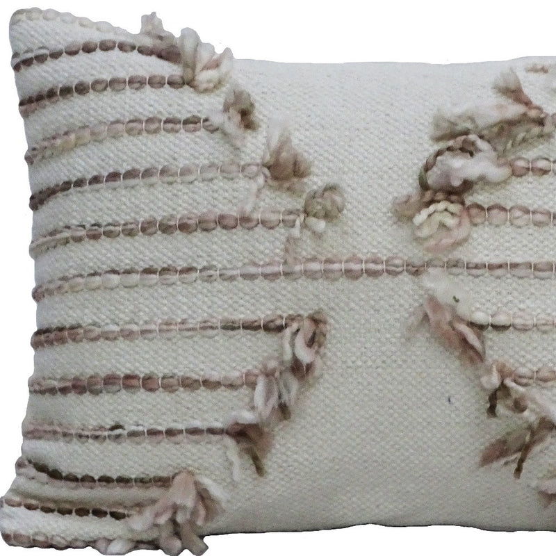 14" X 20" Tan And White Zippered Cotton Blend Geometric Throw Pillow With Pom-poms - Home Decor