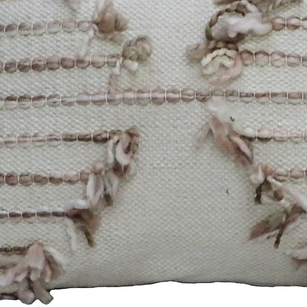 14" X 20" Tan And White Zippered Cotton Blend Geometric Throw Pillow With Pom-poms - Home Decor