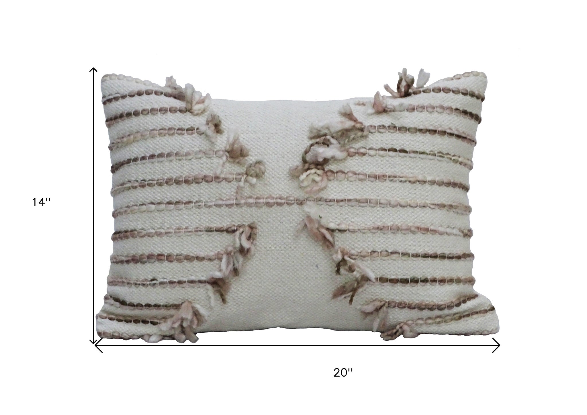14" X 20" Tan And White Zippered Cotton Blend Geometric Throw Pillow With Pom-poms - Home Decor