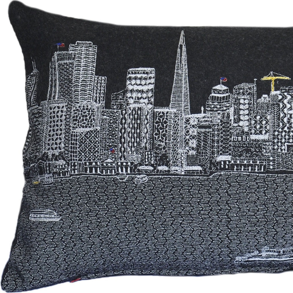 14" X 25" Black Gray and White Wool Zippered Pillow