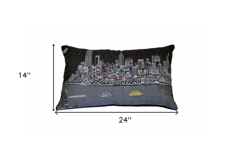 24" Black and White NYC Nighttime Skyline Lumbar Decorative Pillow
