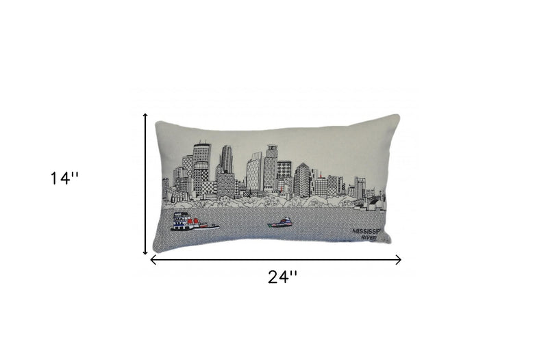 24" White Minneapolis Daylight Skyline Lumbar Decorative Pillow