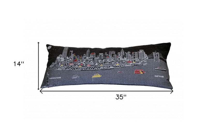 35" Black and White NYC Nighttime Skyline Standard Lumbar Decorative Pillow