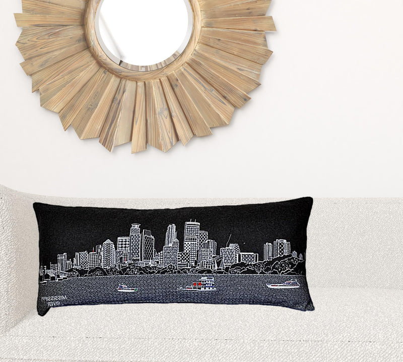35" Black Minneapolis Nighttime Skyline Lumbar Decorative Pillow