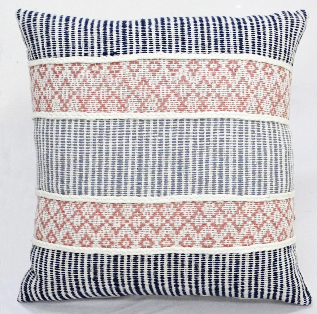 22" X 22" Blue And Peach Trellis Zippered Cotton Blend Throw Pillow With Embroidery - Home Decor