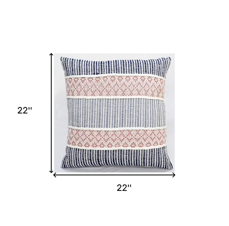 22" X 22" Blue And Peach Trellis Zippered Cotton Blend Throw Pillow With Embroidery - Home Decor