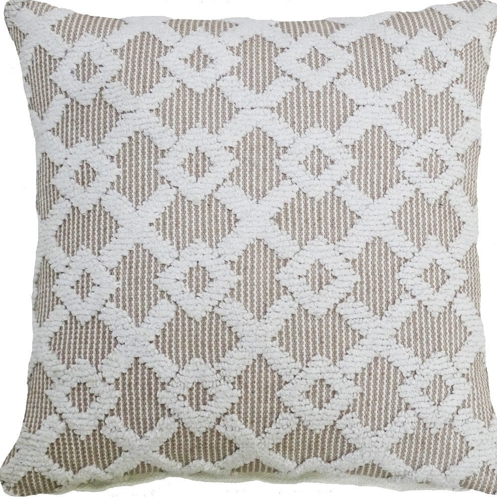 20" X 20" White And Beige Trellis Zippered Cotton Blend Throw Pillow - Home Decor