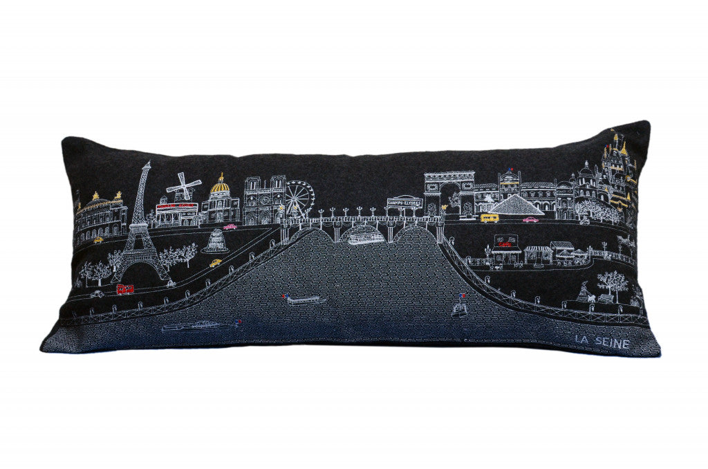 35" Black and White Paris Nighttime Skyline Standard Lumbar Decorative Pillow Default Title