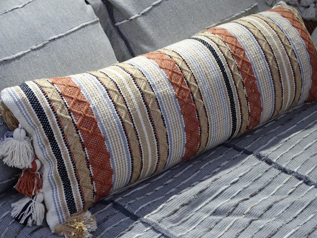 14" X 40" Tan And Beige Trellis Zippered Handmade Cotton Blend Throw Pillow With Tassels - Home Decor