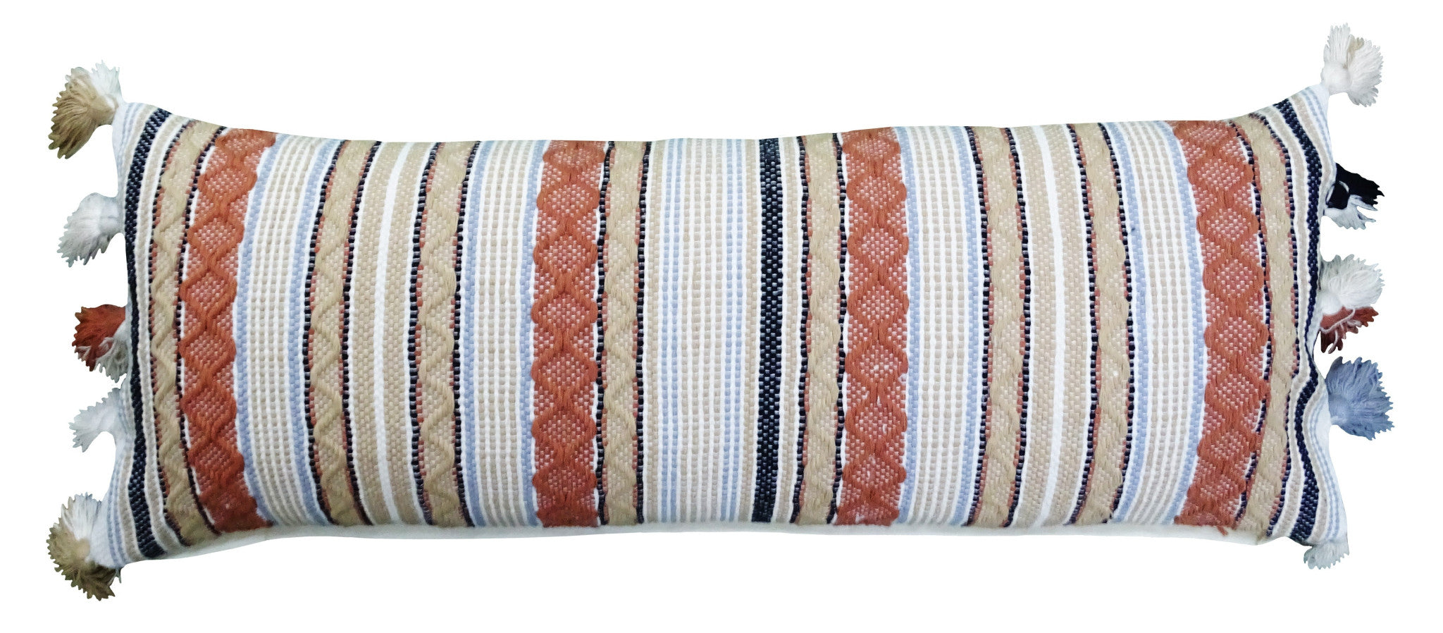 14" X 40" Tan And Beige Trellis Zippered Handmade Cotton Blend Throw Pillow With Tassels - Home Decor