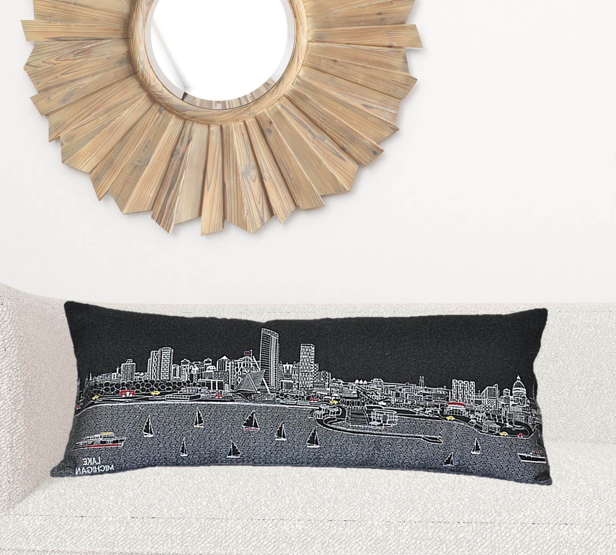 35" Black Milwaukee Nighttime Skyline Lumbar Decorative Pillow