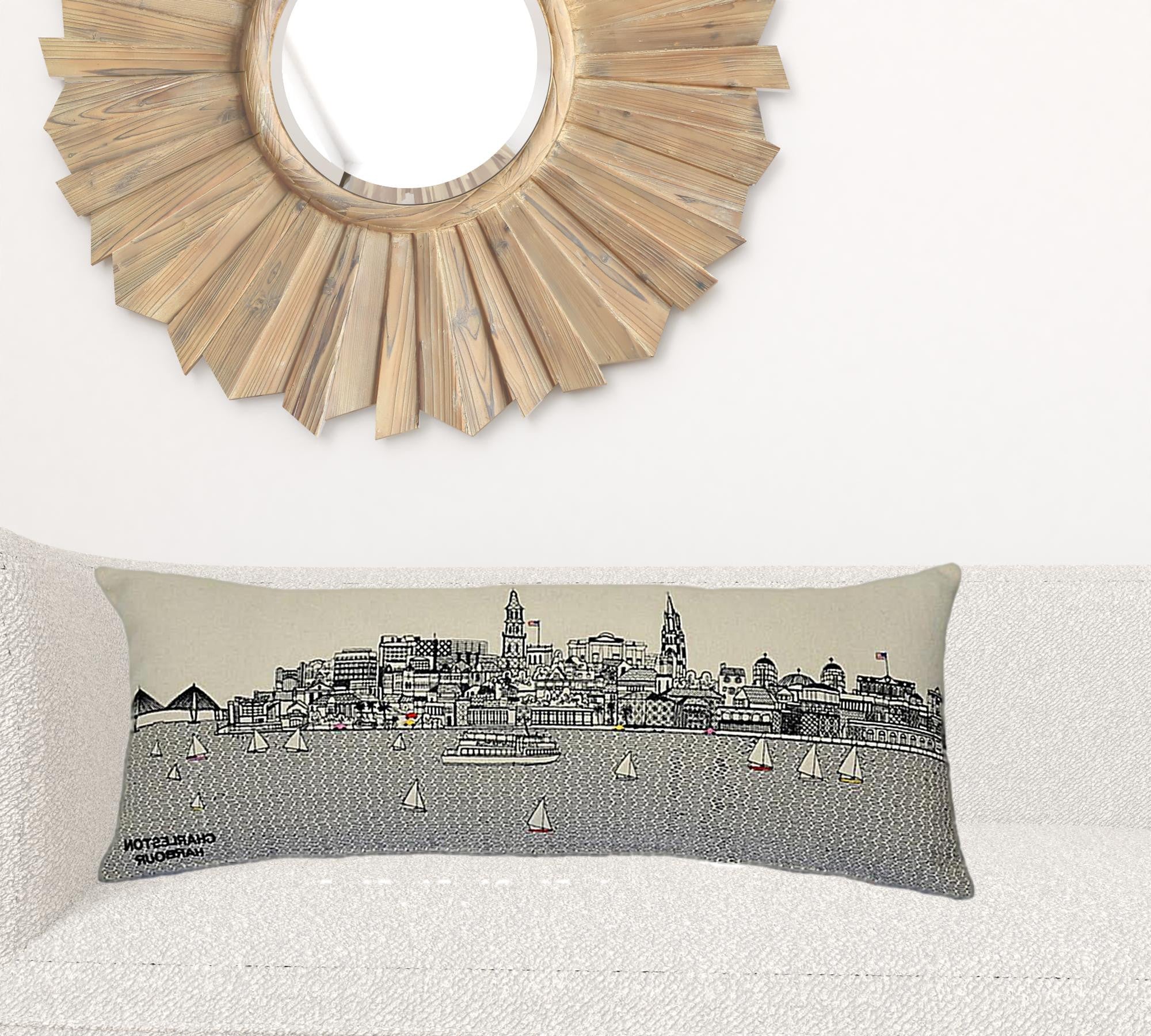 35" White Charleston Daylight Skyline Lumbar Decorative Pillow