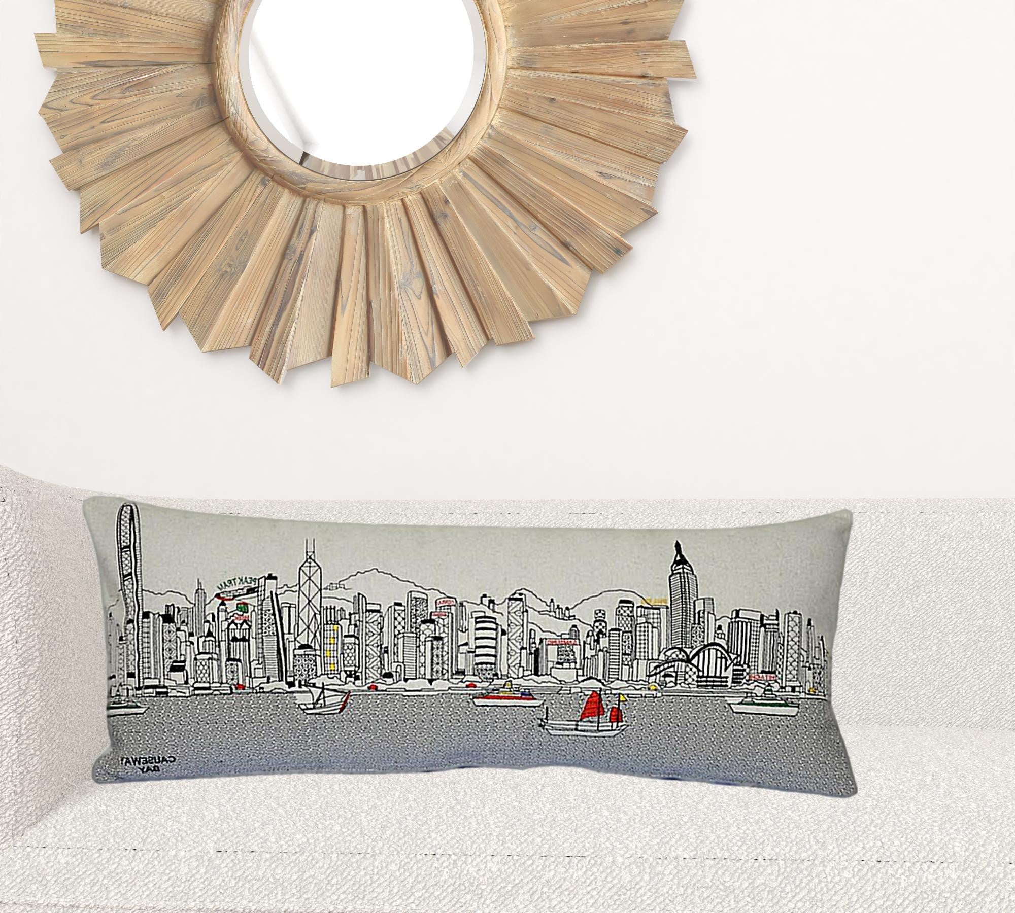 35" White Hong Kong Daylight Skyline Lumbar Decorative Pillow