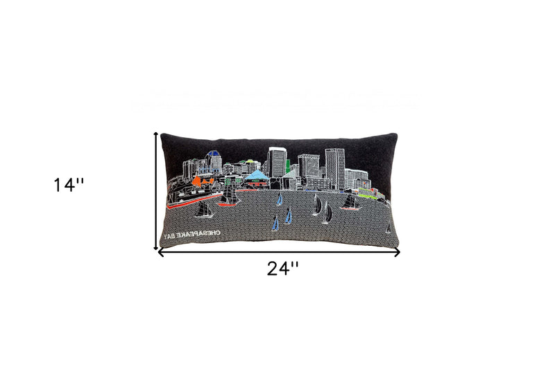 24" Black Austin Nighttime Skyline Lumbar Decorative Pillow