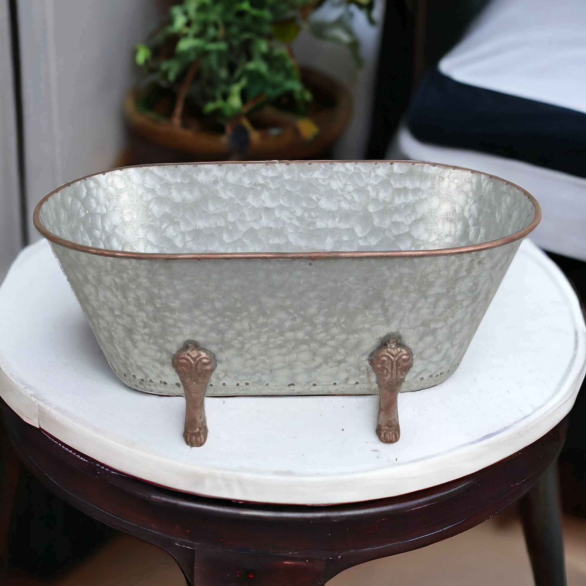 7" Gray and Gold  Galvanized Metal Hand Painted Bathtub Sculpture