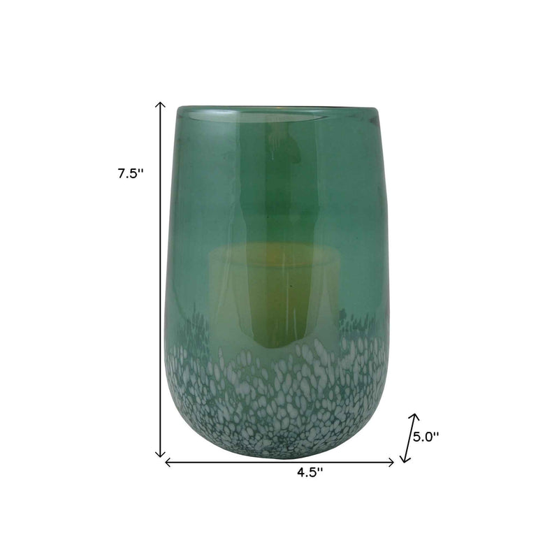8" Green and White Glass Tabletop Hurricane Candle Holder With Candle