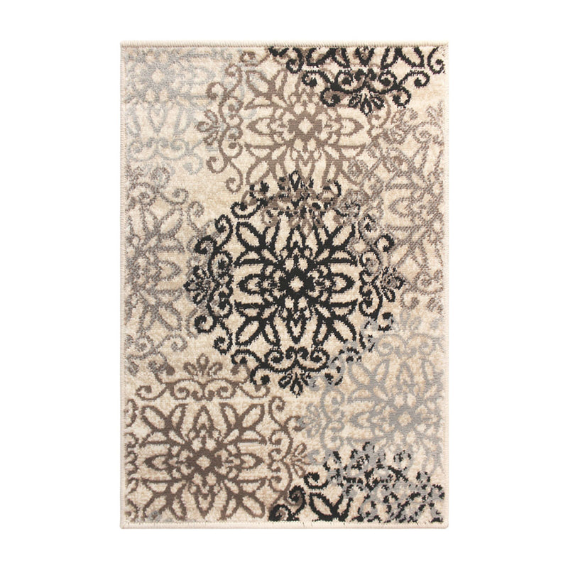 5' X 8' Beige Black And Brown Floral Medallion Area Rug - Home Decor