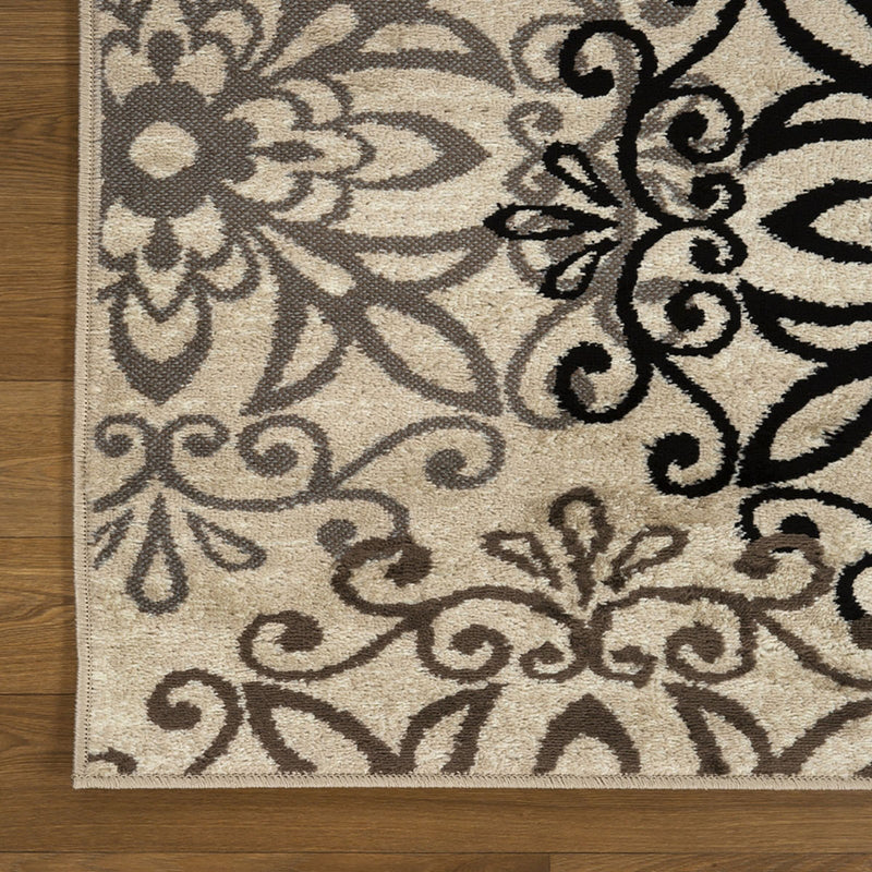 5' X 8' Beige Black And Brown Floral Medallion Area Rug - Home Decor