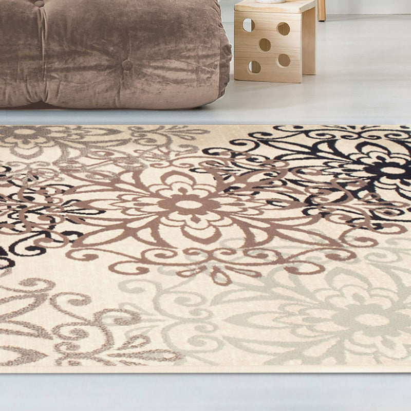 5' X 8' Beige Black And Brown Floral Medallion Area Rug - Home Decor