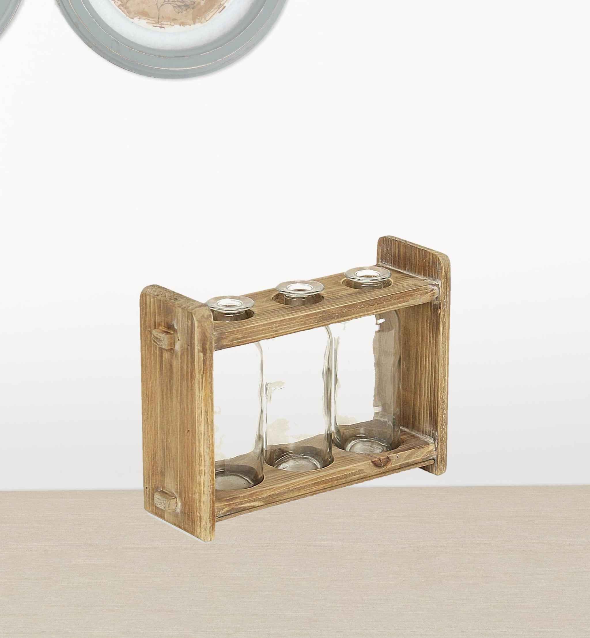 7" Set of Three Glass Jars in a Wood Rack