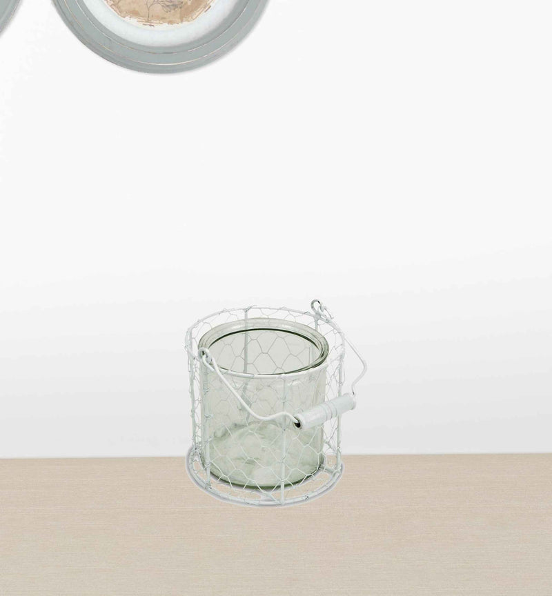 5.25 White and Clear Wire Basket and Glass Jar