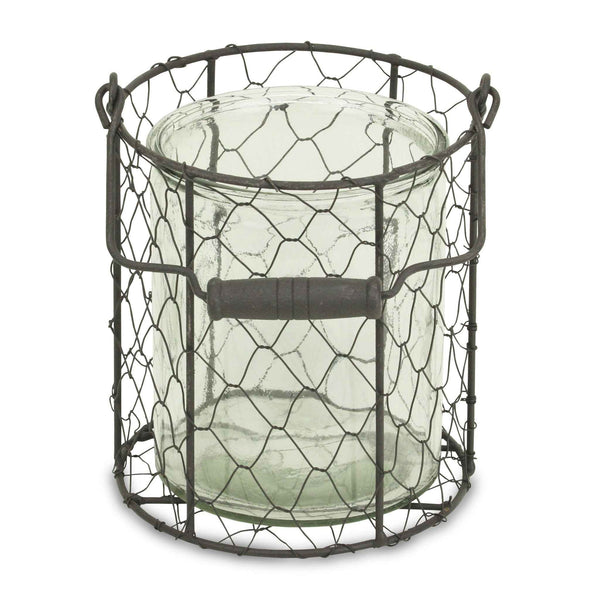 6" Brown and Clear Wire Basket and Glass Jar