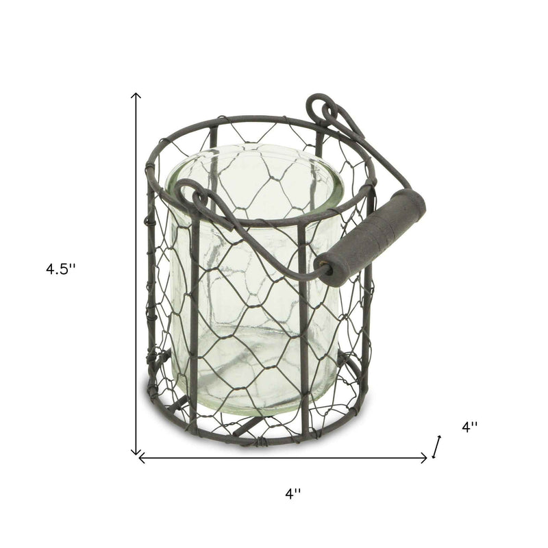 4" Brown and Clear Wire Basket and Glass Jar