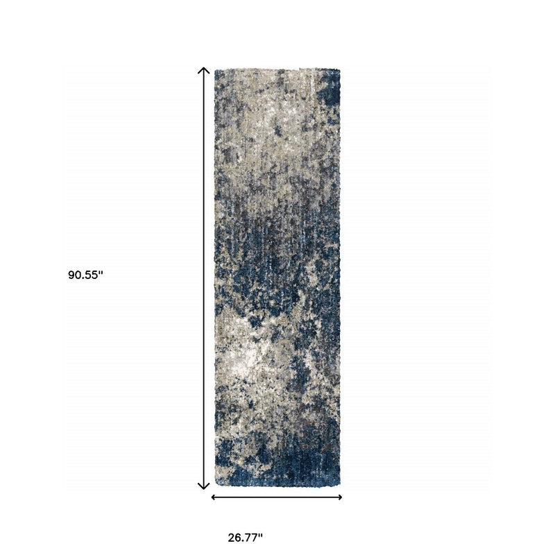8' Blue And Gray Abstract Shag Runner Rug - Home & Garden