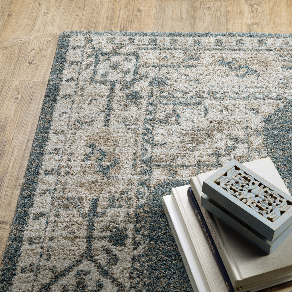 10' X 13' Blue and Beige Oriental Power Loom Area Rug - Home & Garden