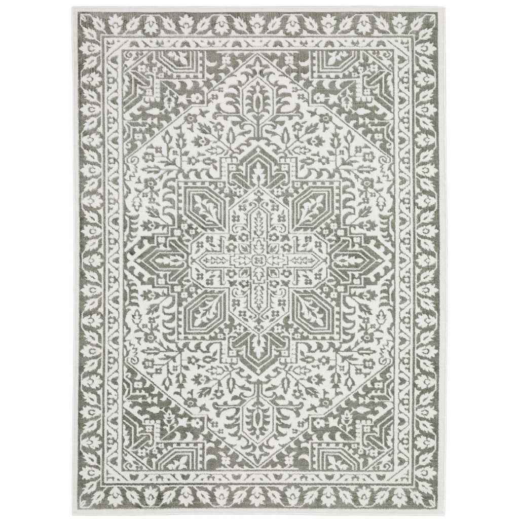 6' X 9' Grey And White Oriental Power Loom Stain Resistant Area Rug