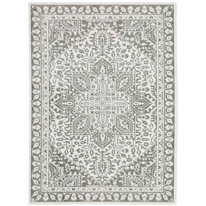 6' X 9' Grey And White Oriental Power Loom Stain Resistant Area Rug