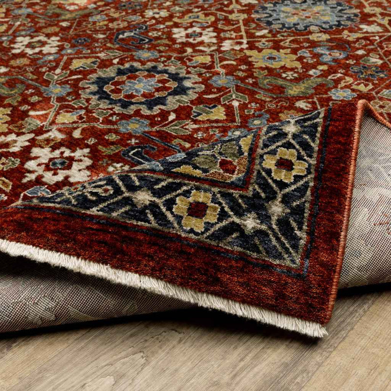 2' X 8' Red Blue Gold And Ivory Oriental Power Loom Stain Resistant Runner Rug With Fringe