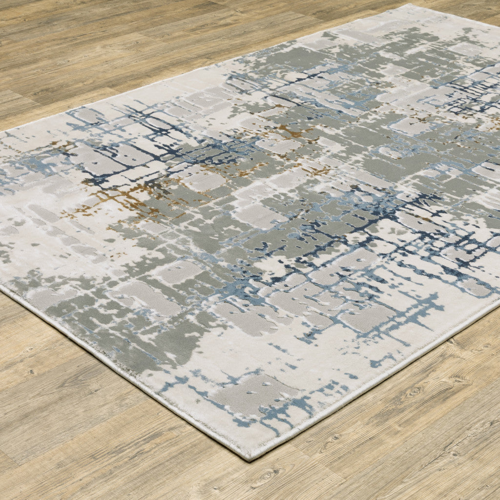 6' X 9' Grey Blue Brown Ivory And Deep Blue Abstract Power Loom Stain Resistant Area Rug - Home & Garden