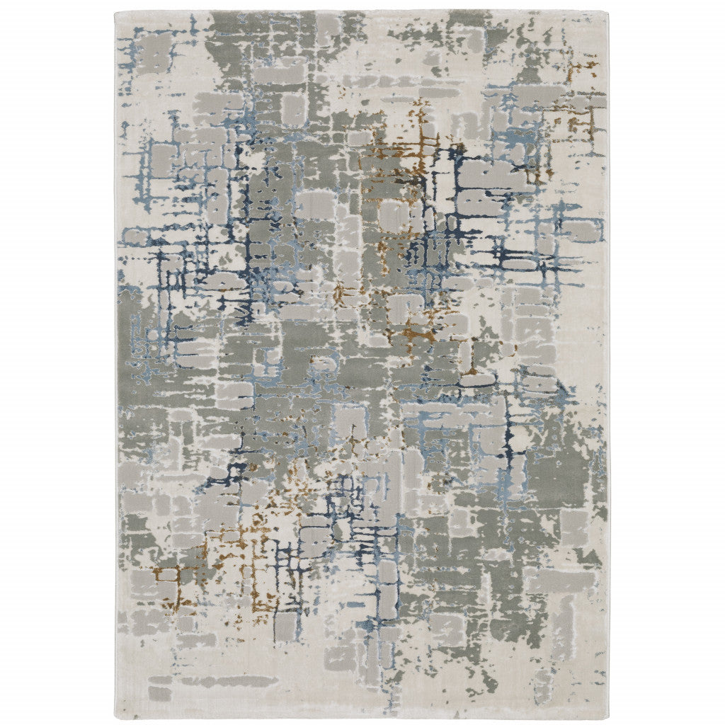 6' X 9' Grey Blue Brown Ivory And Deep Blue Abstract Power Loom Stain Resistant Area Rug - Home & Garden