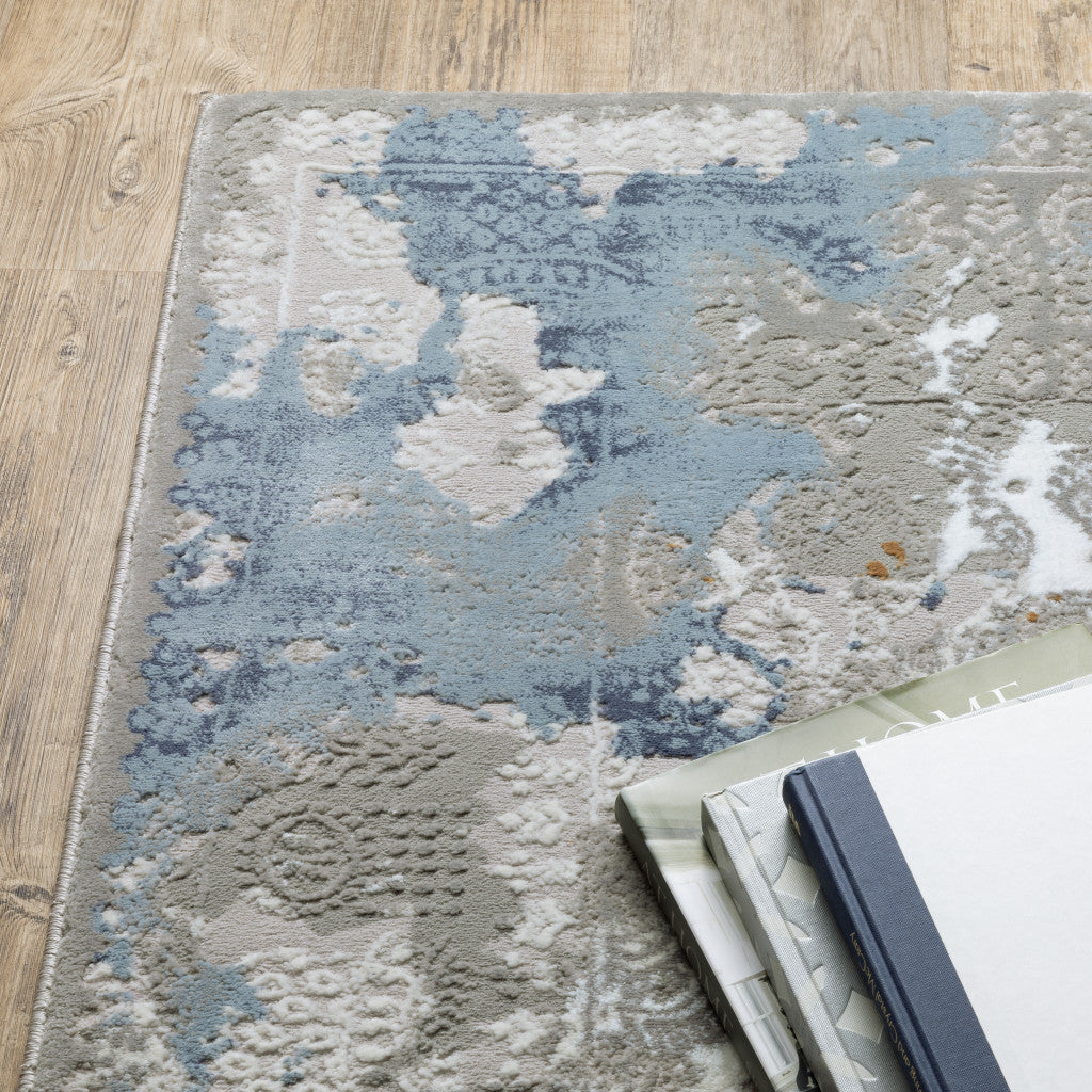 6' X 9' Grey Blue Ivory Navy Beige And Brown Abstract Power Loom Stain Resistant Area Rug - Home & Garden