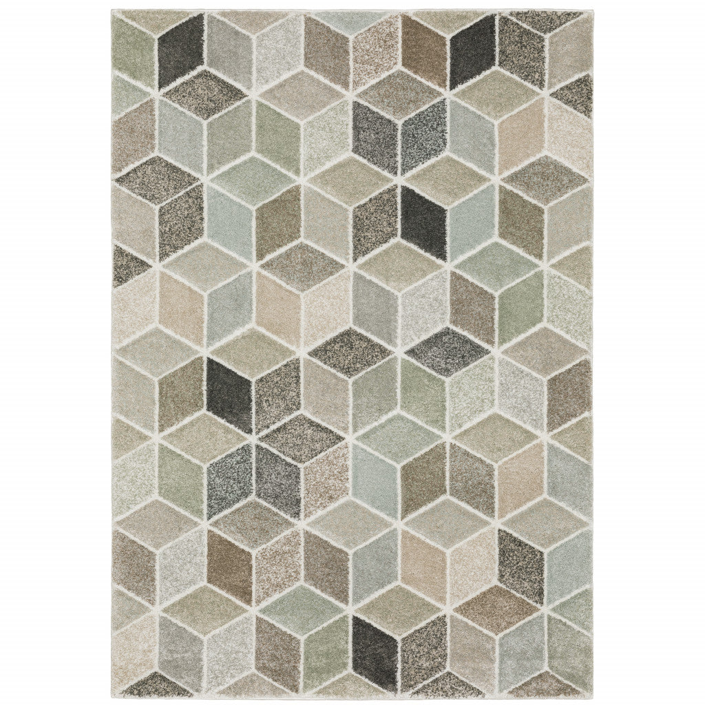 10' X 13' Beige Brown Grey Tan Sage And Pale Blue Geometric Power Loom Stain Resistant Area Rug - Home & Garden
